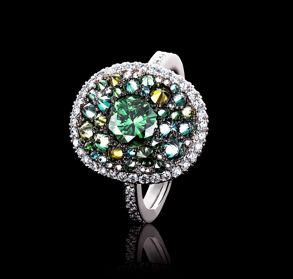 ring with green, blue and white diamonds