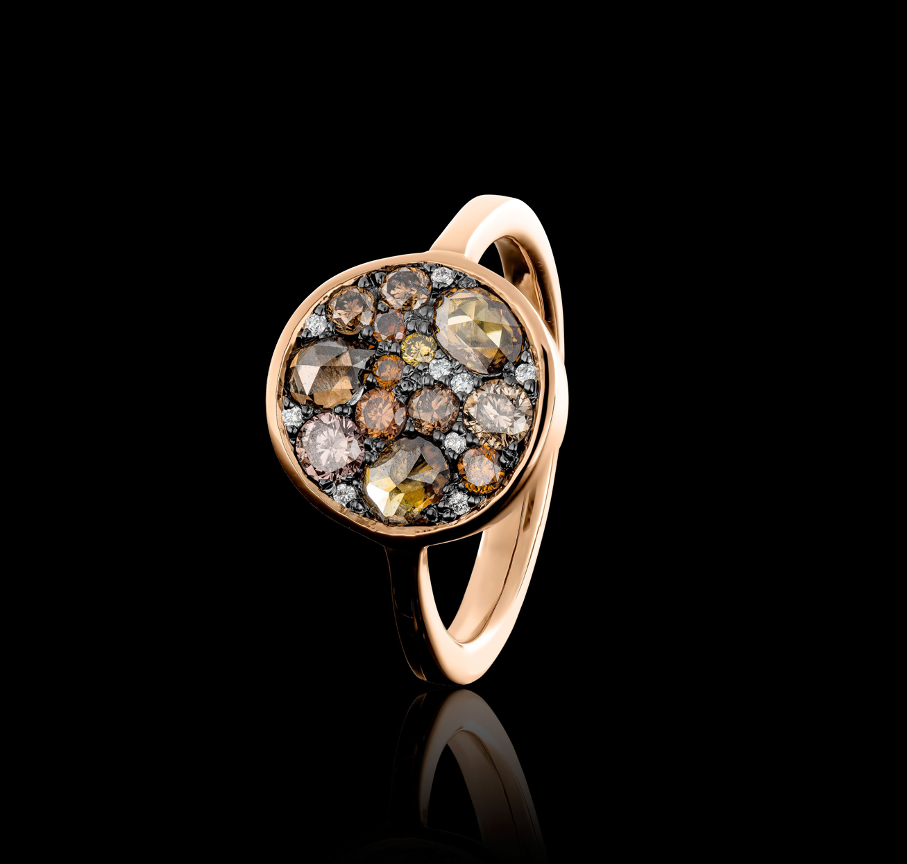 ring with cognac colored, brown and white diamonds