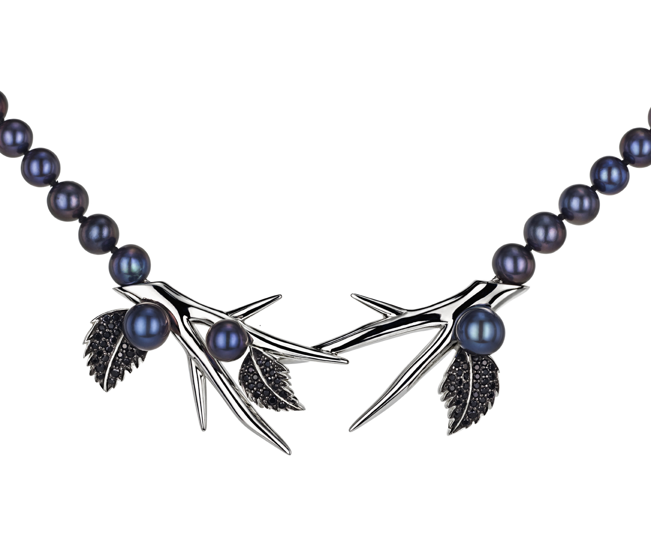 Pearl necklace with silver branches and leaves with black gems.