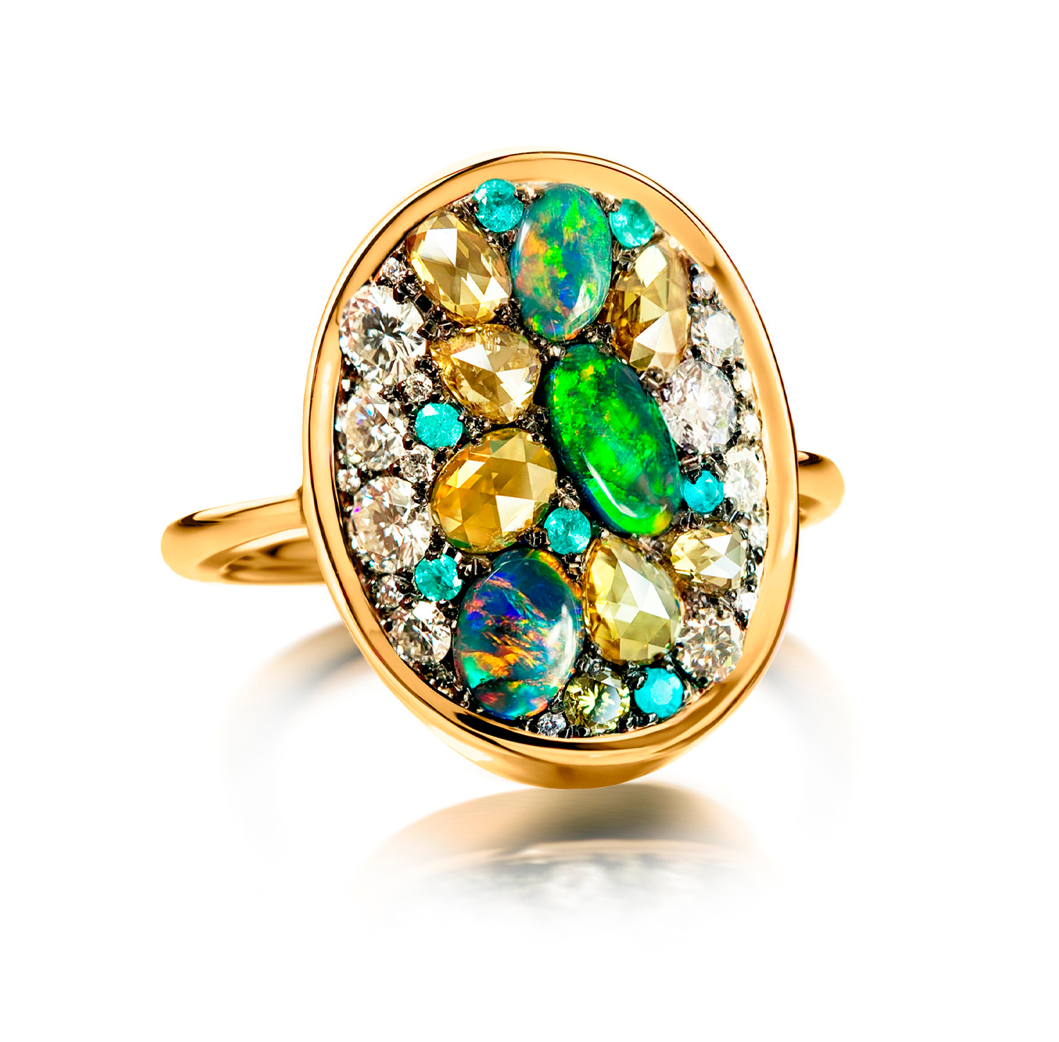 Ring with black Lightning Ridge opals, olive green diamonds, paraïba tourmalines and colorless diamonds.
