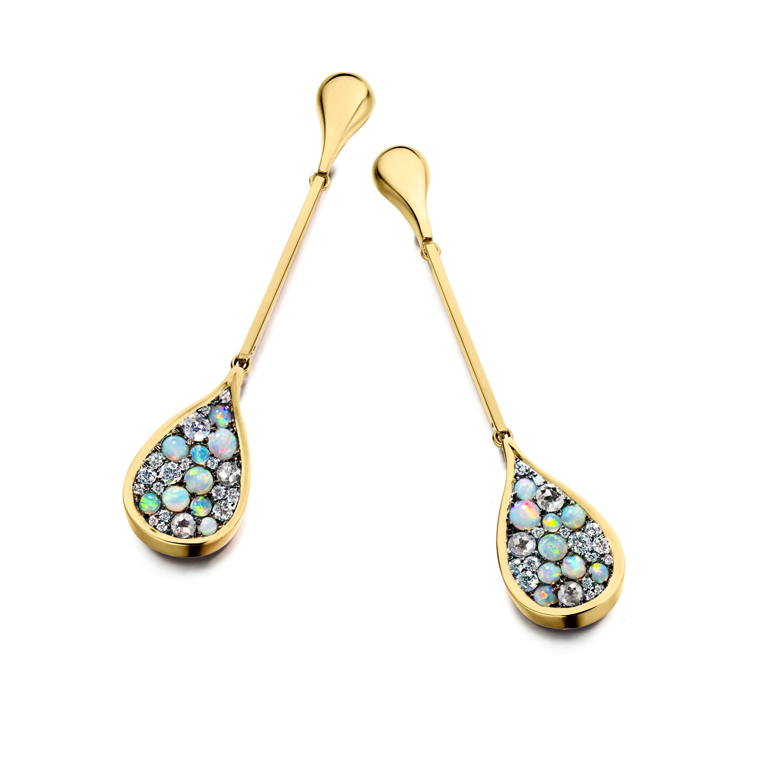 Earrings with Australian white opal cabochons and translucent clear diamonds.