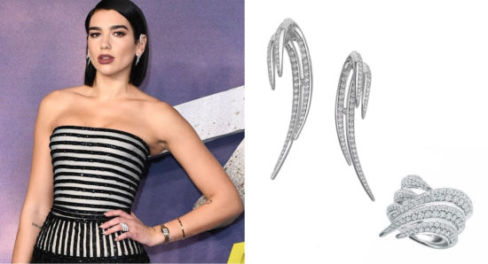 Singer Dua Lipa with Armis earrings and Triple Sabre ring, both made of 18-carat white gold and set with many diamonds.