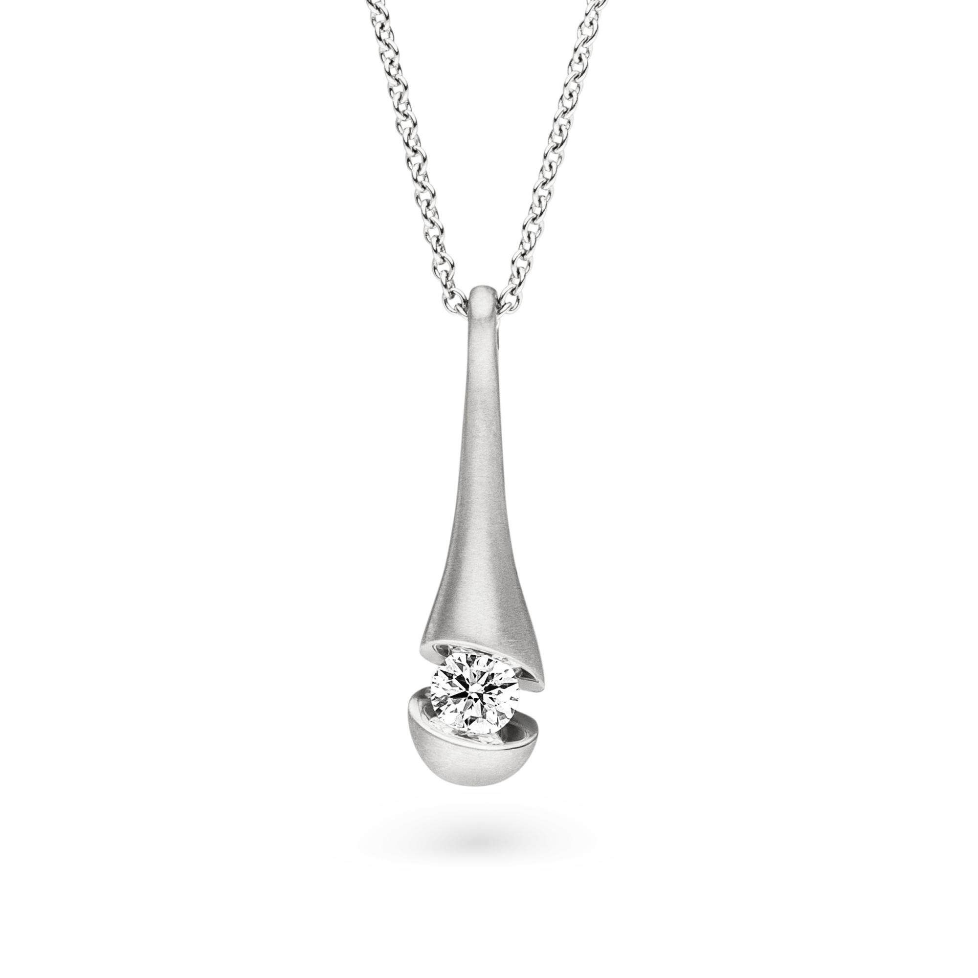 White gold pendant with a diamond between two shiny surfaces.