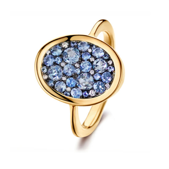 Unique 18 carat gold ring with blue sapphires and white diamonds.