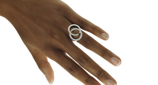 Ring with two rings linked together.