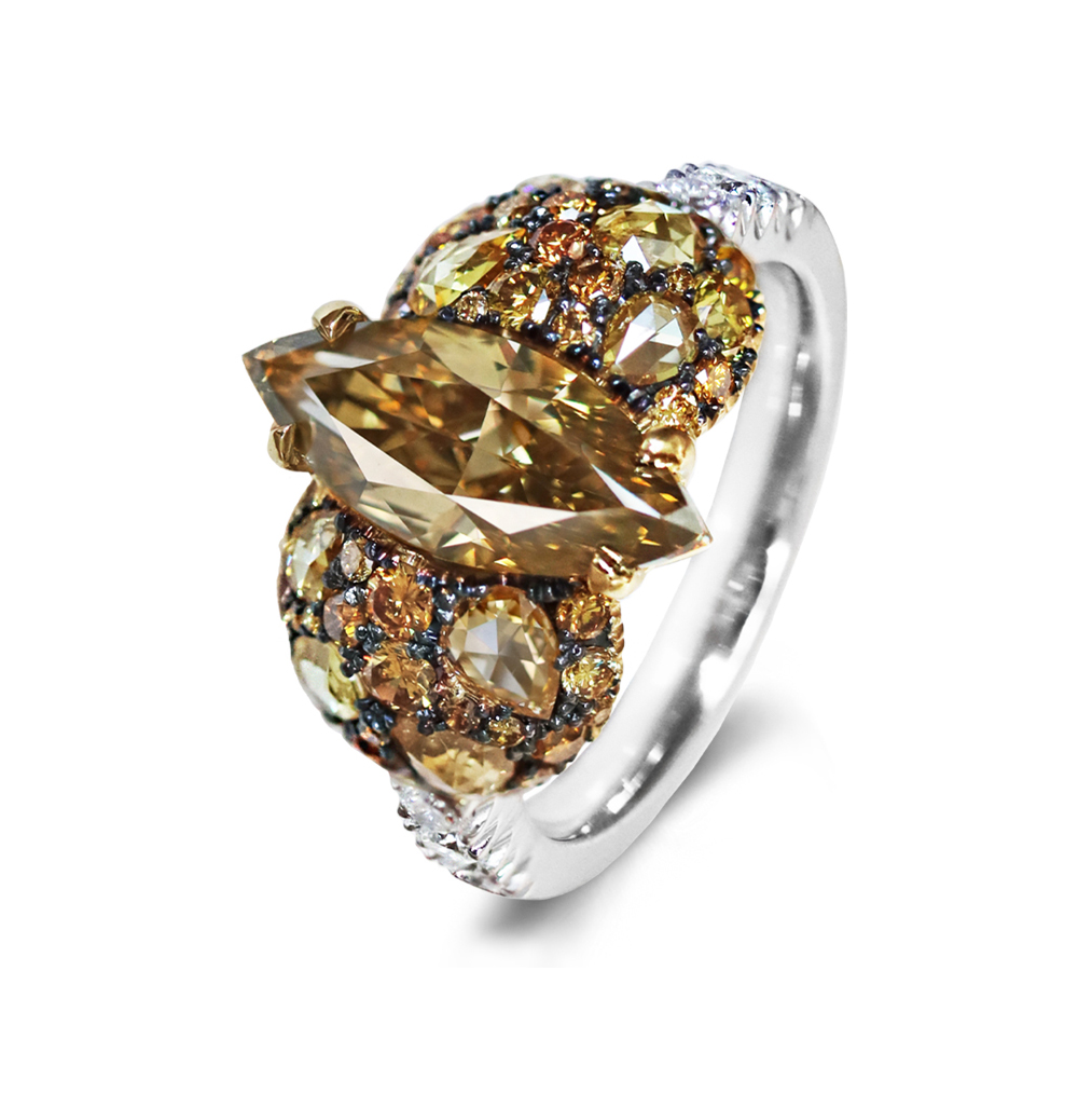 One of a kind ring in 18K yellow & white gold. Set with a Fancy greenish brown, 2 ct. Marquise shape diamond centerstone, pave set Fancy cognac brilliant-cut diamonds and fancy yellow rose-cut diamonds. White DEGVVS brilliant-cut diamonds.