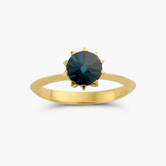 18 karat yellow gold ring with blue indicolite tourmaline solitaire cut in spirit sun cut.