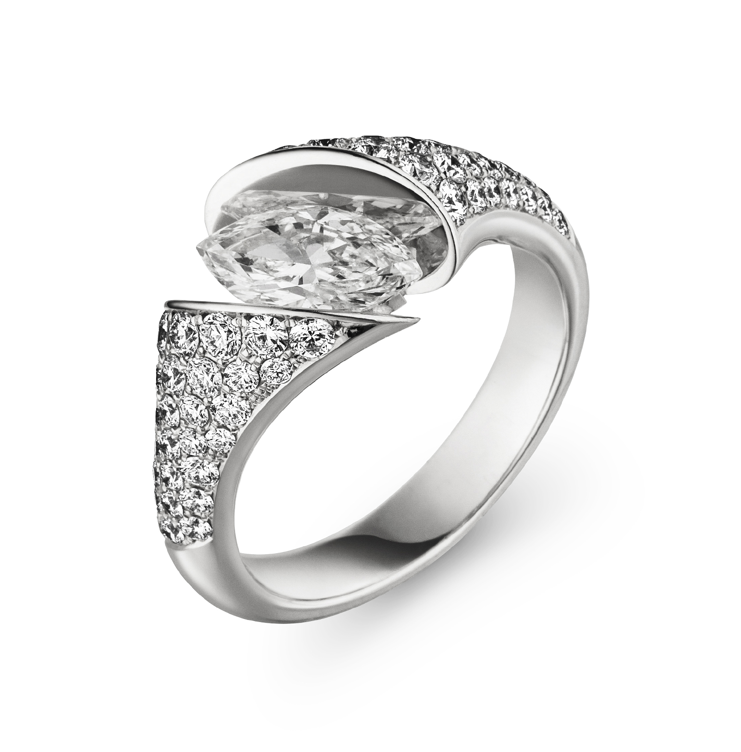 Ring with marquise-shaped central diamond and a pavé of small diamonds.